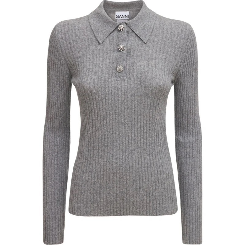 GANNI wool blend knit polo sweater with front buttons